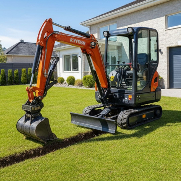 A mini excavator demonstrating its versatility on different landscaping jobs.