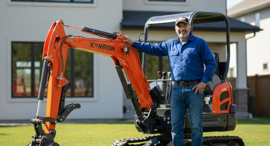 A homeowner smiling next to their orange and black compact excavator.