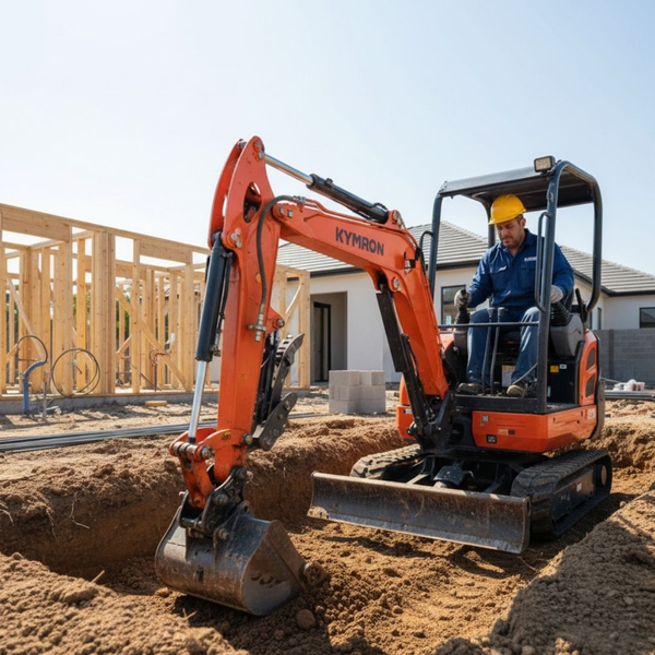 A person digging a small foundation with a compact mini excavator.