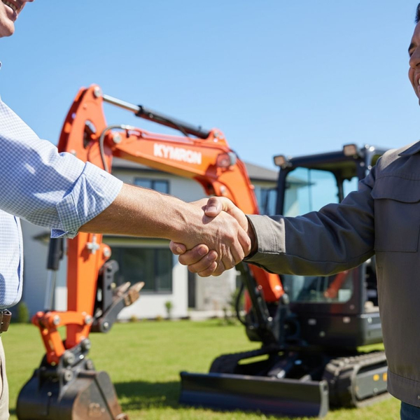 A firm handshake sealing the deal on the purchase of a mini excavator.