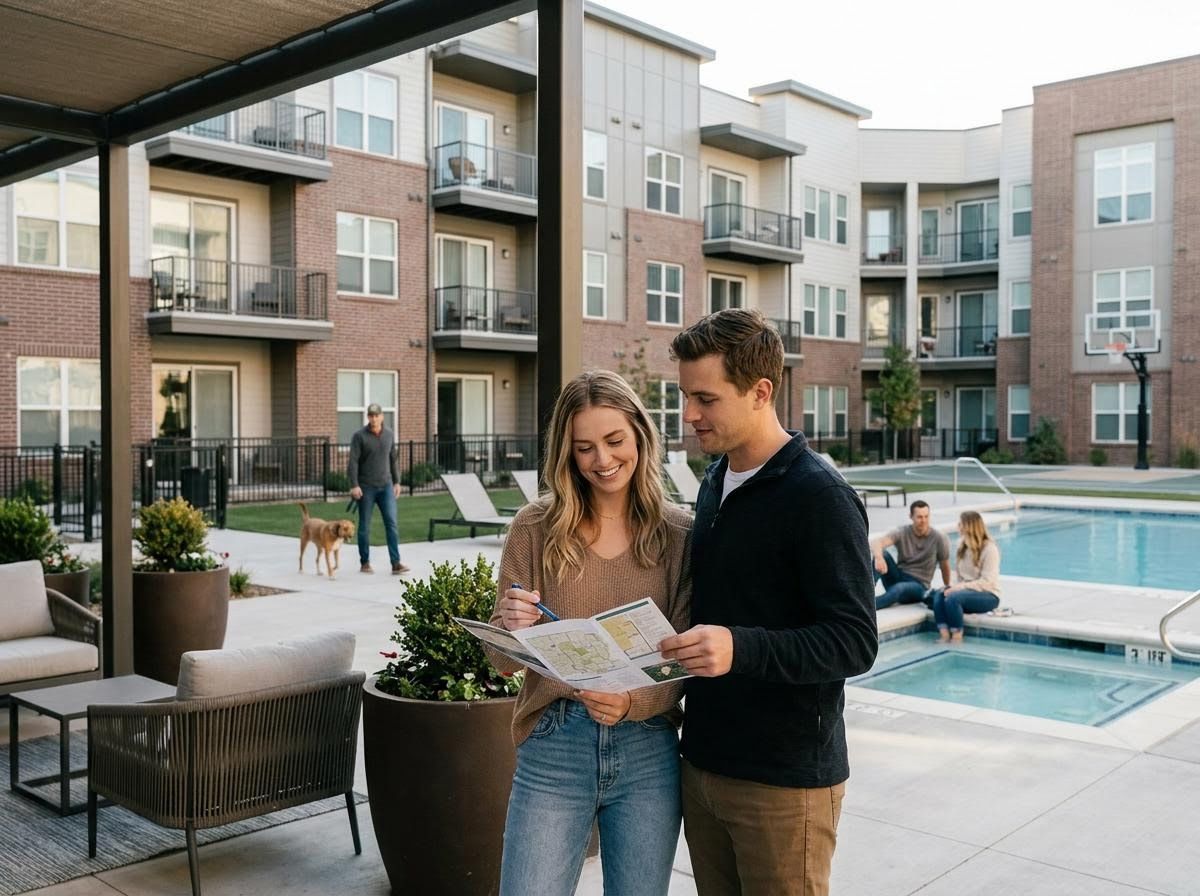 Young couple reviews apartment community map by pool, with friends and dog walker in background