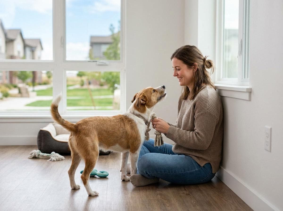 Woman playing with her dog indoors