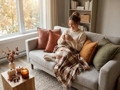 Cozy Autumn Evening with Woman on Sofa