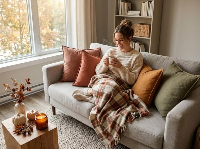 A smiling woman in a sweater, wrapped in a plaid blanket on a sofa, sips from a mug. Fall decor and autumn trees outside a window. Cozy Autumn Evening with Woman on Sofa
