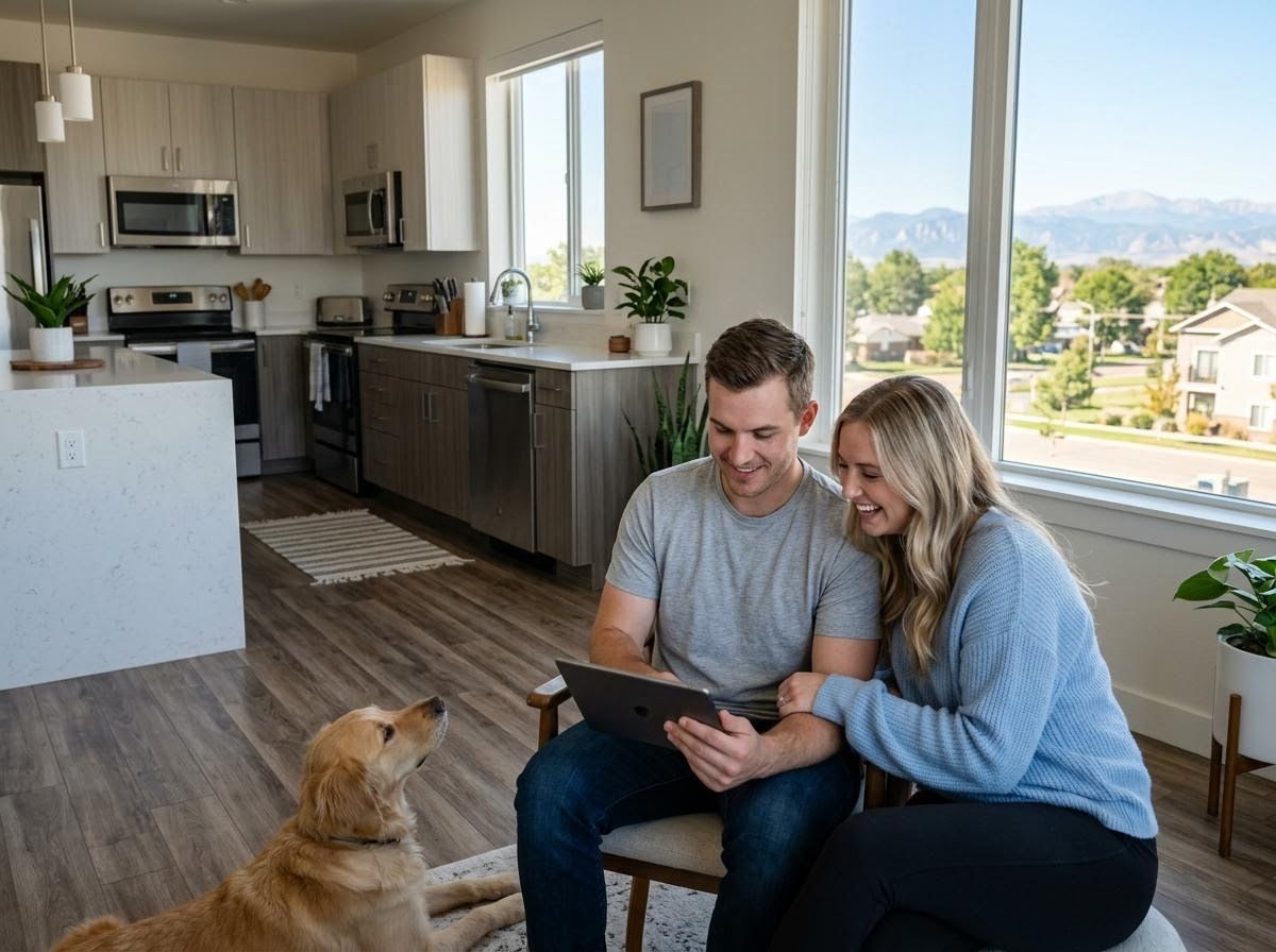 Happy Couple and Golden Retriever Watching Tablet in Modern Apartment