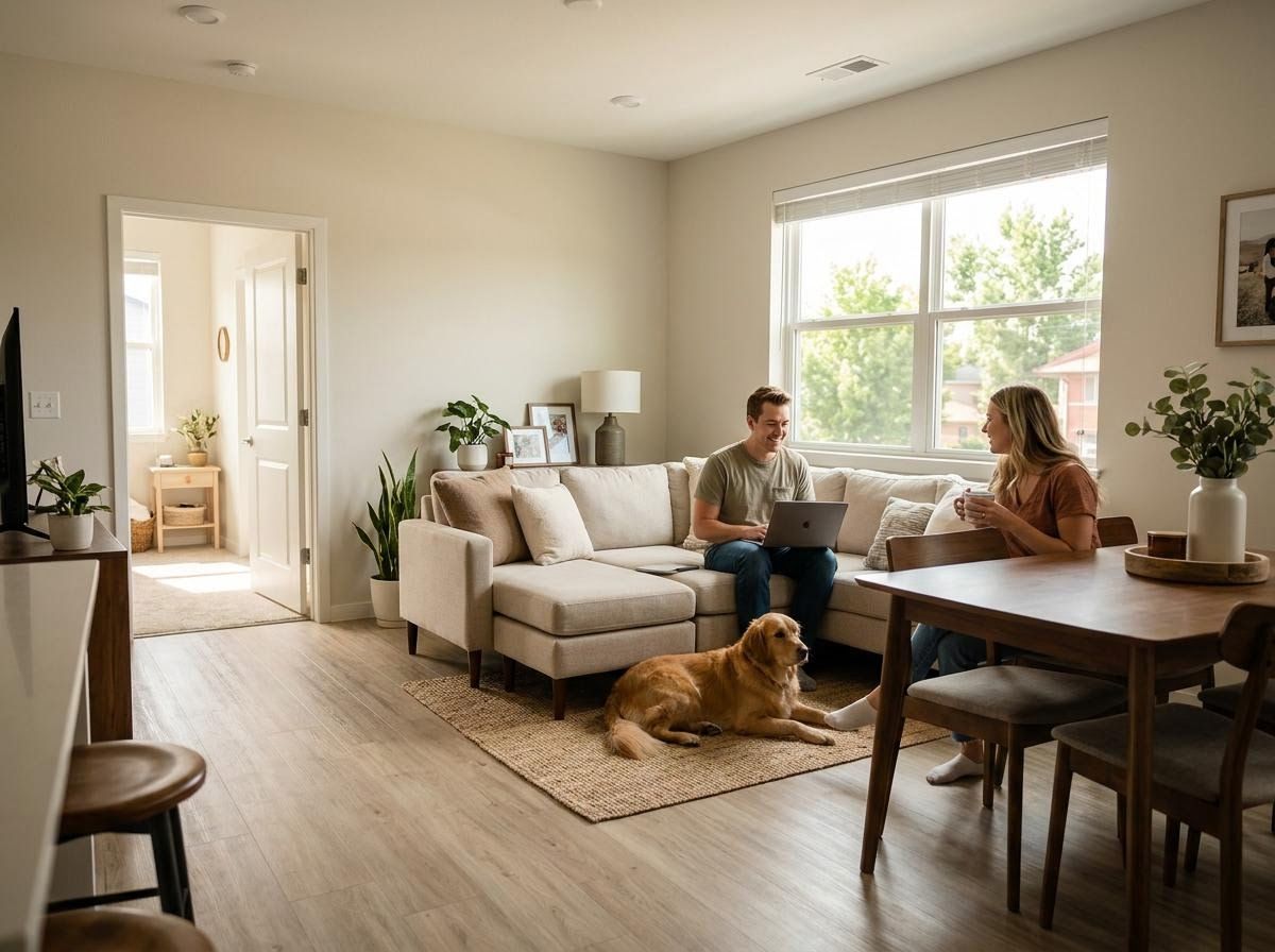 Couple and golden retriever relaxing in a bright living room