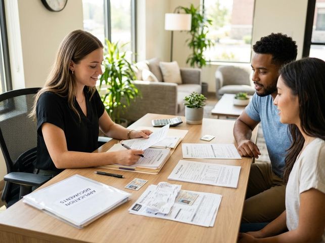 A smiling financial advisor assists a diverse couple in reviewing application forms and documents at a table in a bright, modern office. Financial Advisor Helping Couple with Applications