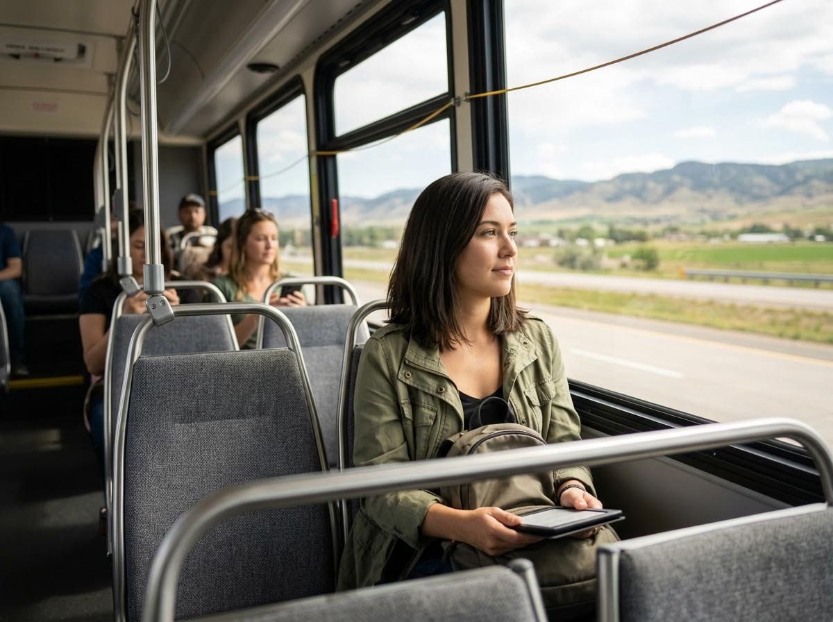 Young woman on bus looking out window