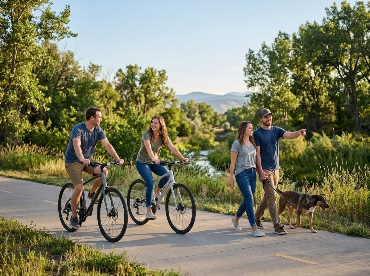 Friends biking and walking with dog on a scenic trail