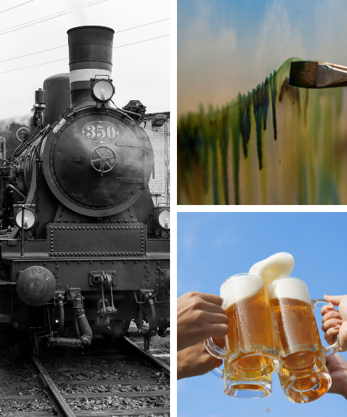 collage of a train, paint, and beer collage of a train, paint, and beer