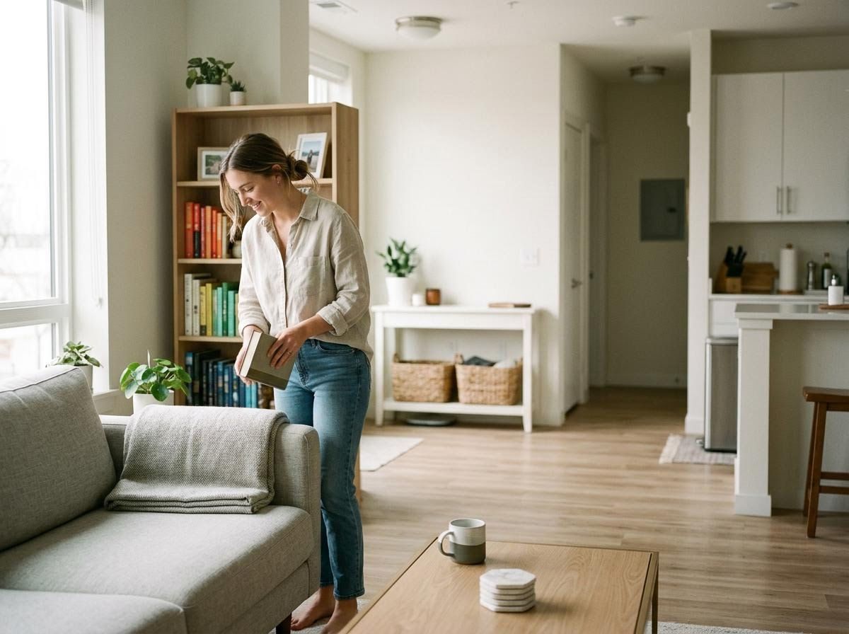 Woman holding a book in a modern living room