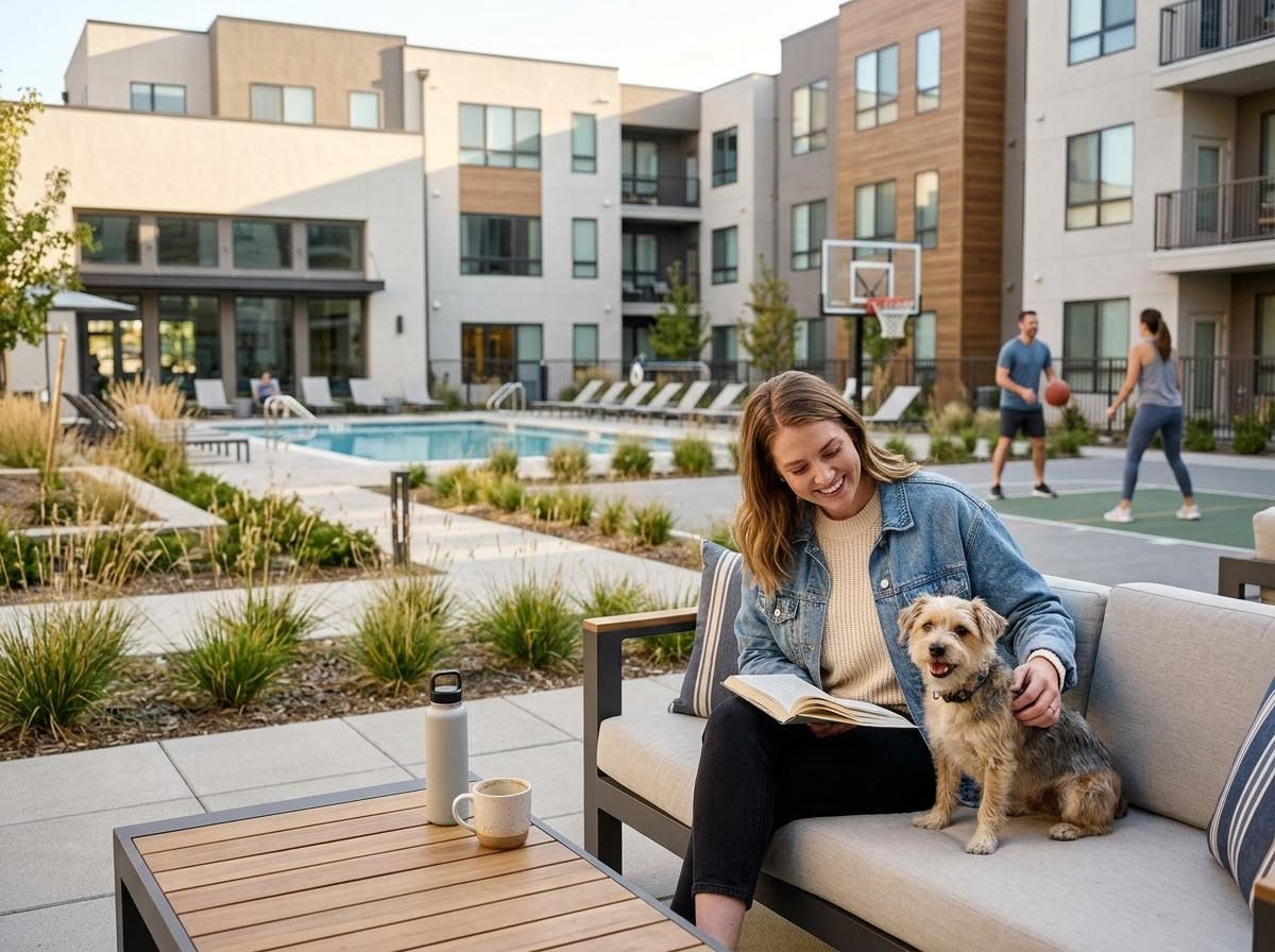 Woman reading with her dog at a modern apartment complex pool and amenity area