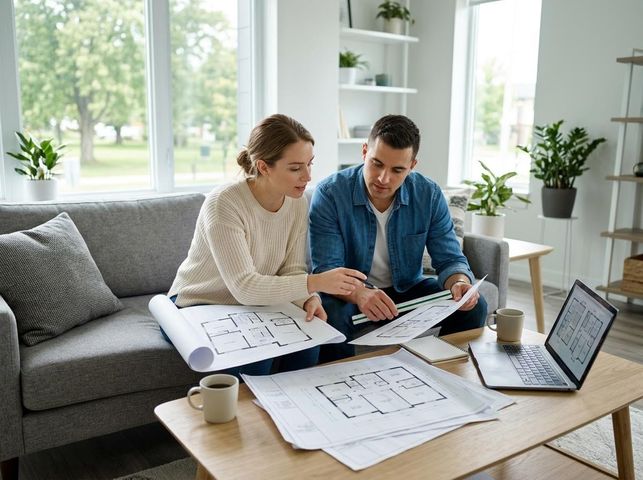 A young couple sits on a sofa, discussing architectural blueprints and floor plans spread on a coffee table, with a laptop showing designs. Couple Reviewing Home Architectural Plans
