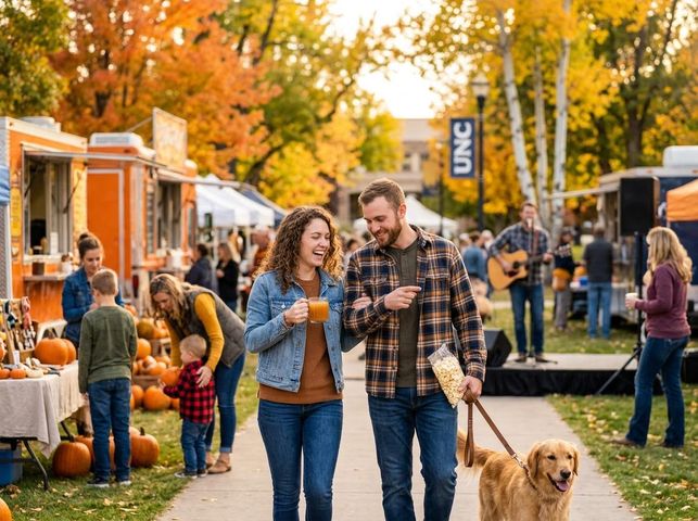 A happy couple walks their golden retriever through a vibrant fall festival with food trucks, pumpkins, live music, and autumn foliage. Couple and Golden Retriever Enjoying Fall Festival at UNC