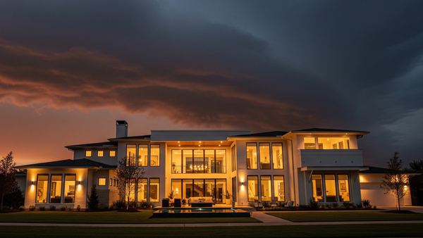 A secure Houston home with illuminated hurricane impact windows weathering a dramatic storm at dusk. A secure Houston home with illuminated hurricane impact windows weathering a dramatic storm at dusk.