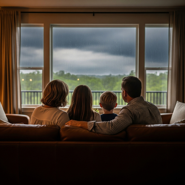 A family feeling safe and relaxed in their cozy home during a storm, thanks to their secure windows. A family feeling safe and relaxed in their cozy home during a storm, thanks to their secure windows.