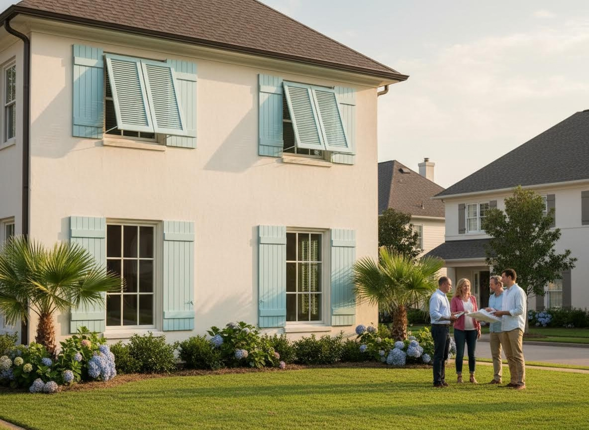 Four people discussing plans in front of a house