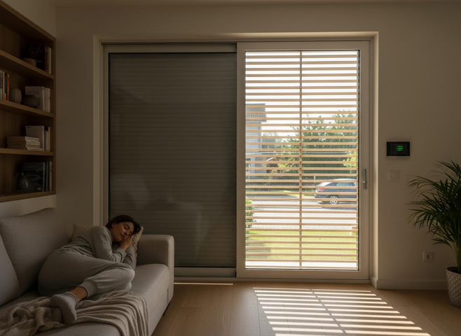 Woman sleeping on a couch in a sunlit room with blinds