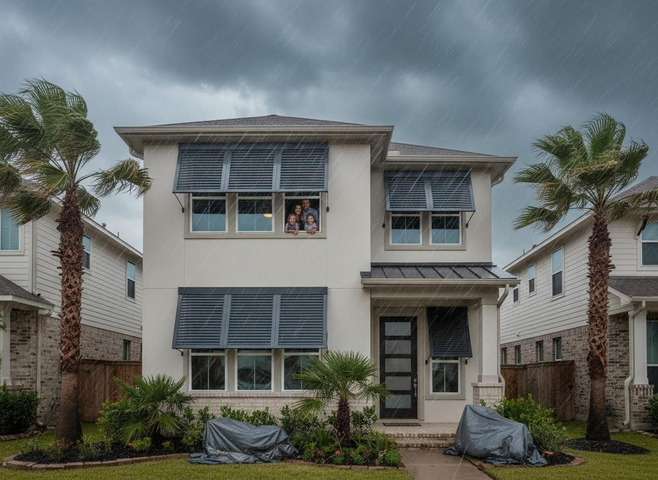 Family in a storm-protected home with hurricane shutters