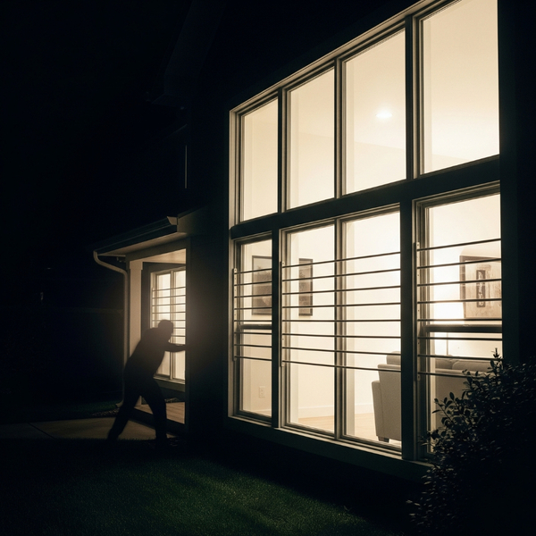 A strong, secure impact window at night providing home security. A strong, secure impact window at night providing home security.