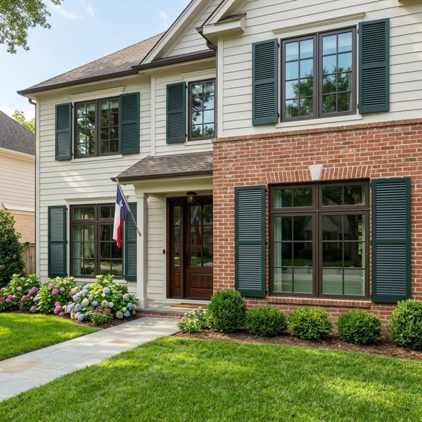 Front view of a two-story house with white siding and brick facade, green shutters, large windows, a covered entry, a flag by the door, and a landscaped walkway with green shrubs and flowers.