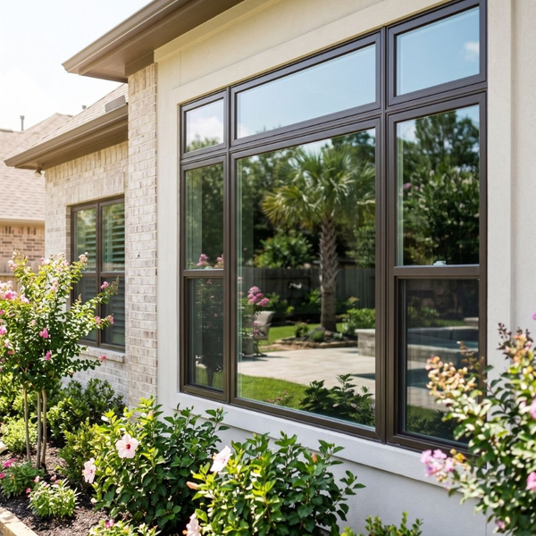 Exterior of a modern building with a stone facade and large floor-to-ceiling windows framed in dark metal, surrounded by landscaped flower beds and green shrubs under a clear sky.