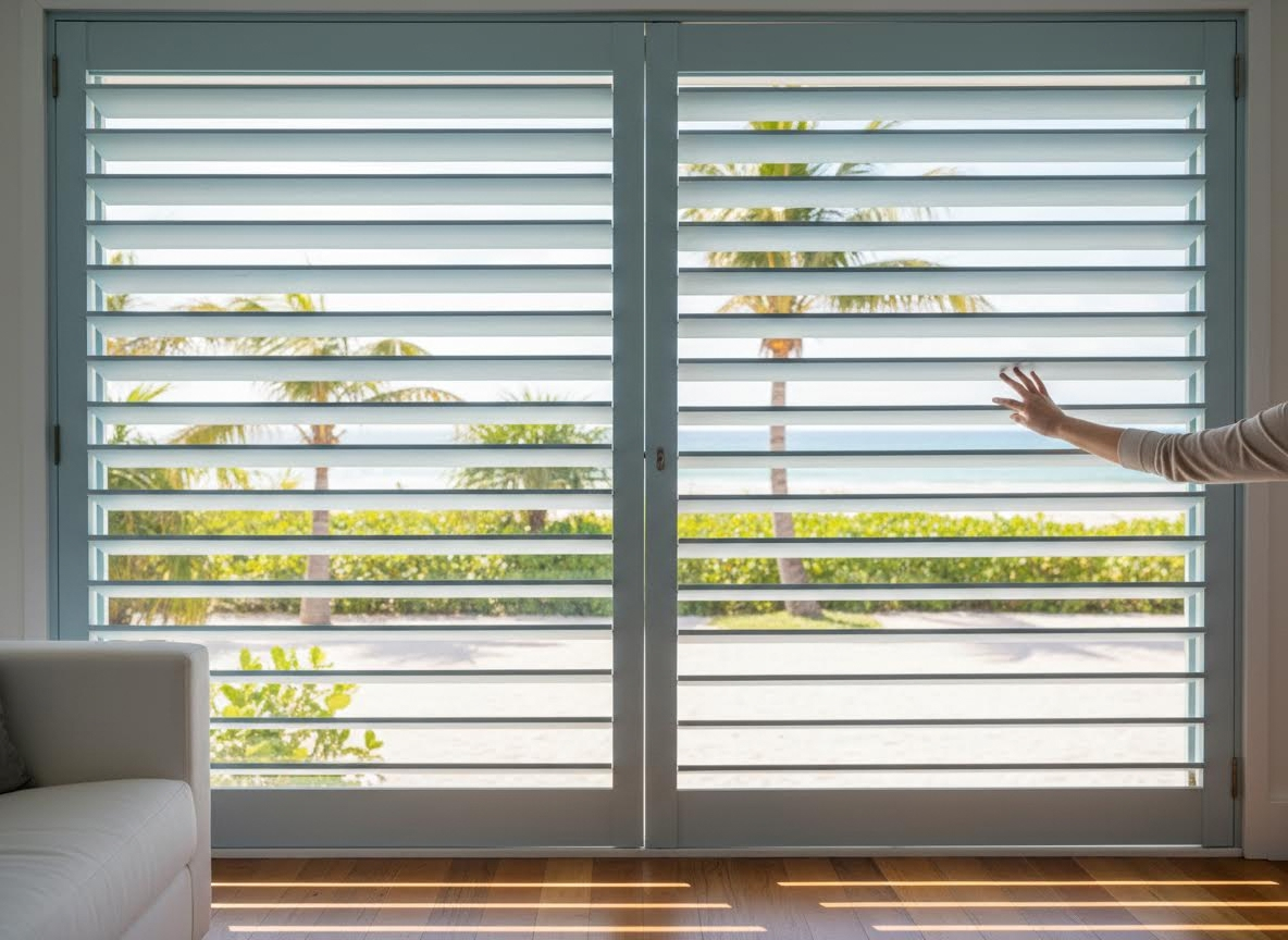 Light Blue Plantation Shutters with Tropical Ocean View