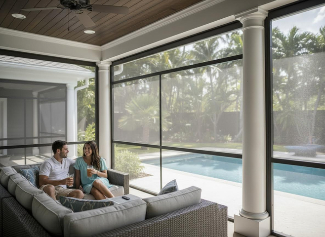 Couple on Screened Patio with Pool View