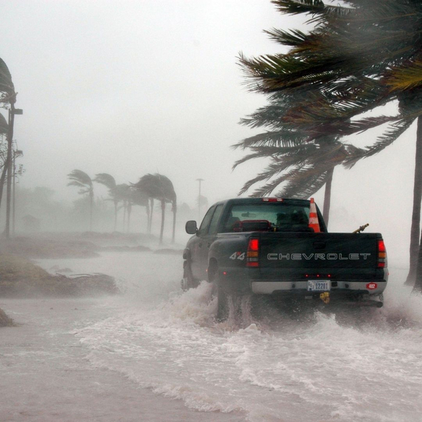 A truck driving during a hurricane flood