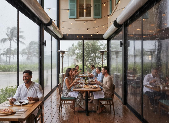 Friends laugh and enjoy dinner and wine at an enclosed outdoor restaurant with large rain-splashed windows looking out at palm trees during a heavy storm. Group Dining at Restaurant During Rainstorm
