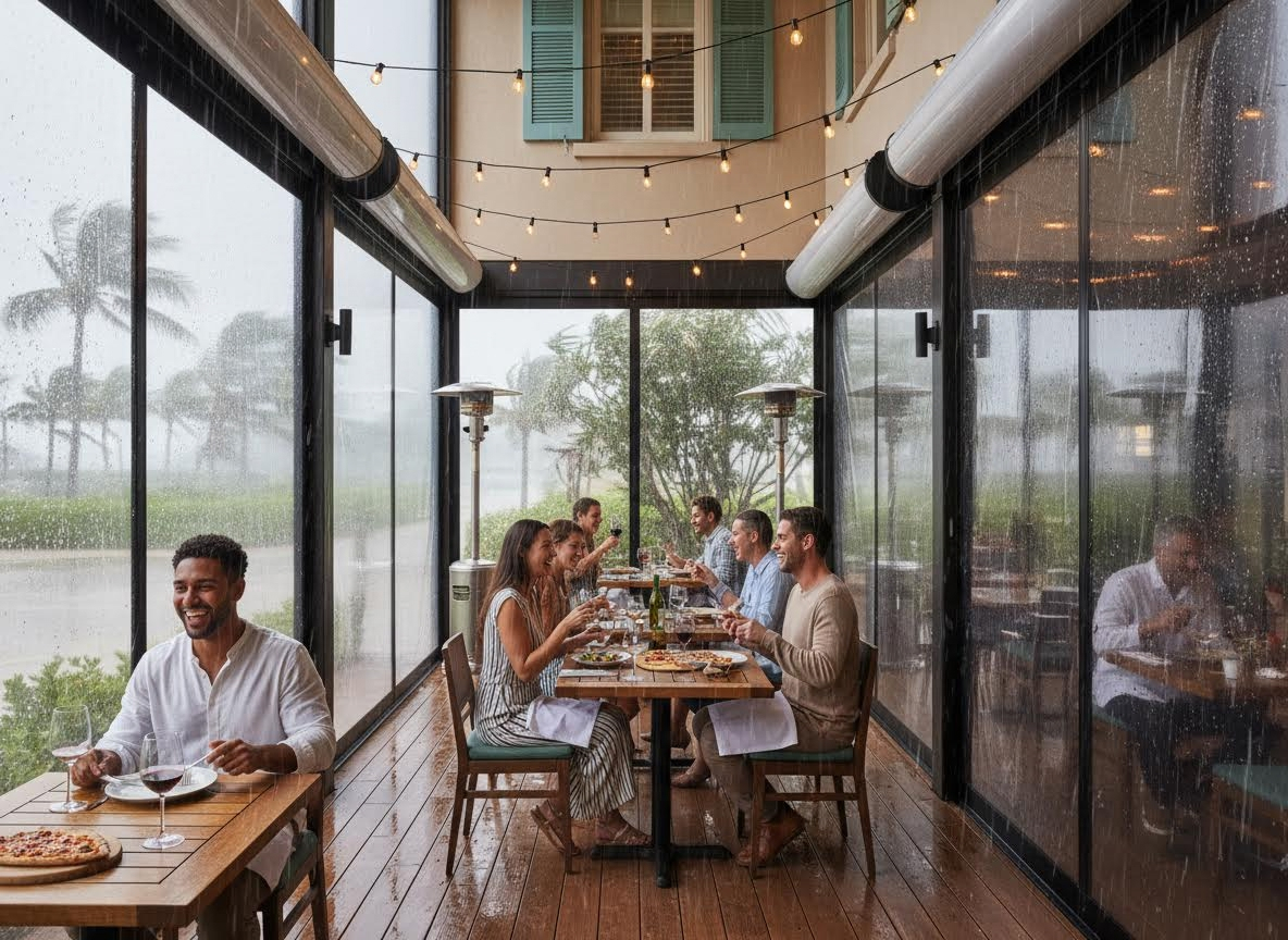 Group Dining at Restaurant During Rainstorm