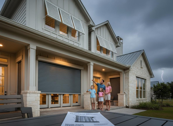 Family and house with hurricane shutters during a lightning storm