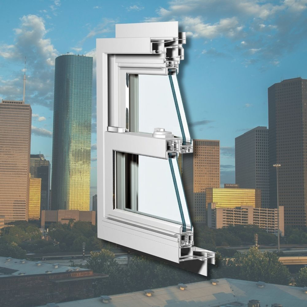Cross-sectional cutaway of a white industrial window or door frame showing internal metal rails, hinges, and hydraulic-style rods with blue tubing running vertically.