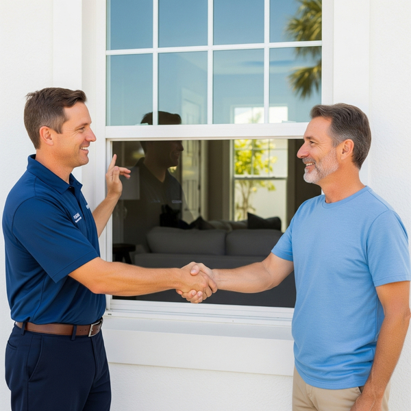 A happy homeowner and a professional installer with a new hurricane window. A happy homeowner and a professional installer with a new hurricane window.