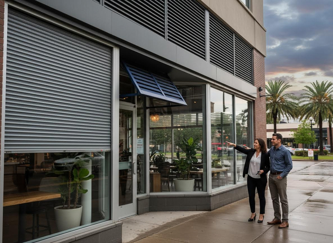 Storefront with Rolling Security Shutter and Couple