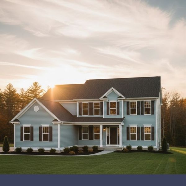 a blue home at sunset with redone siding and roofing