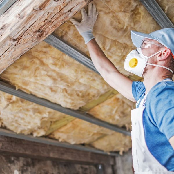 A person in protective gear installing insulation batts between ceiling joists in an attic A person in protective gear installing insulation batts between ceiling joists in an attic