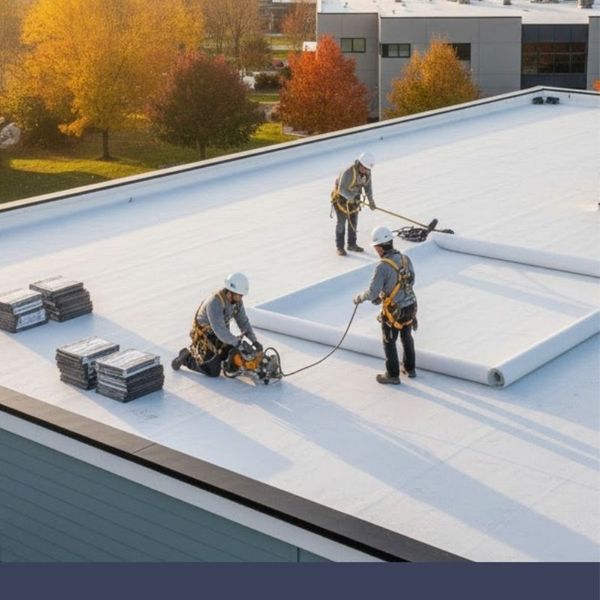 A large-scale commercial building with a high-performance flat roofing system, showcasing the durability and precision of professional commercial roofing contractors.