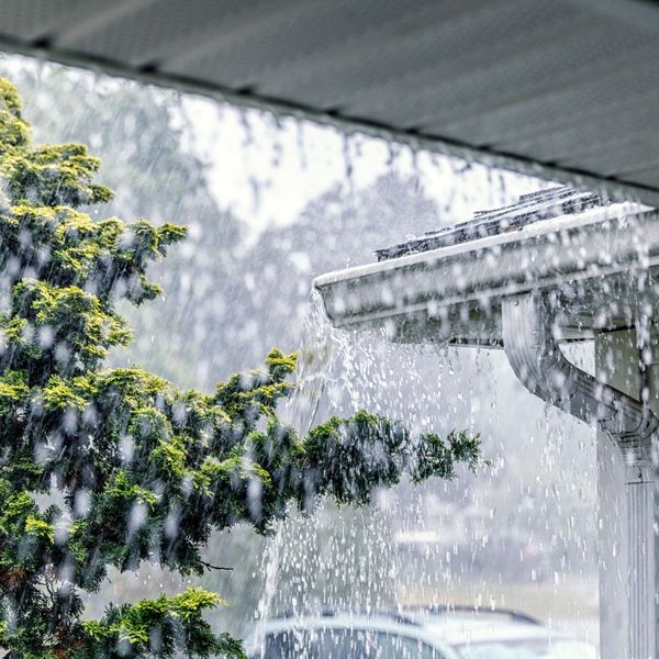 rain on roof, gutters spilling