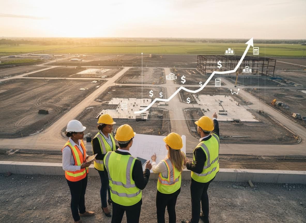 Construction team reviewing plans with financial growth overlay