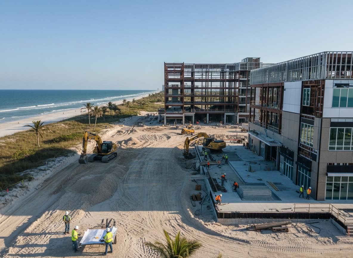 Beachfront Construction Site with Multi-Story Buildings and Ocean View