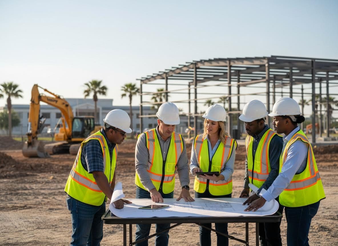 Diverse construction team reviewing blueprints on-site