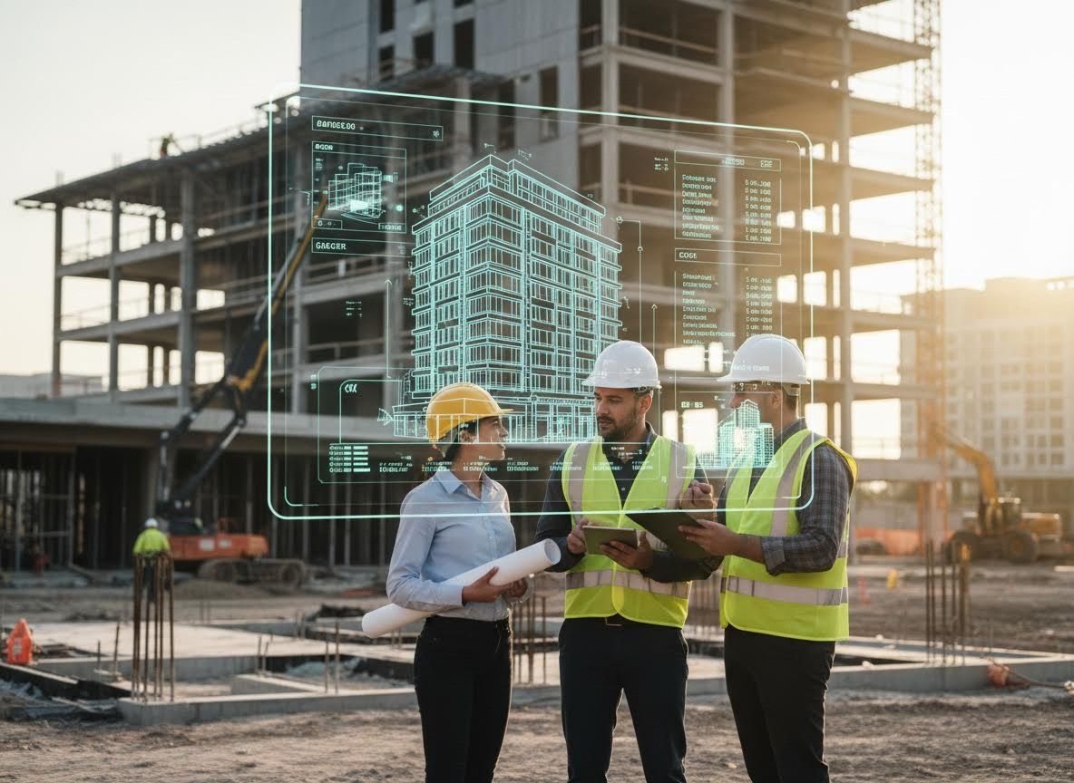 Construction team uses holographic AR display to review building plans at job site