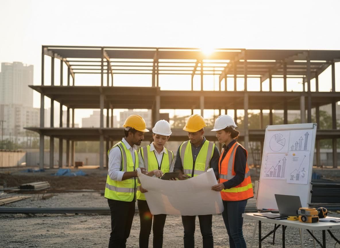Construction Team Reviewing Blueprints on Site