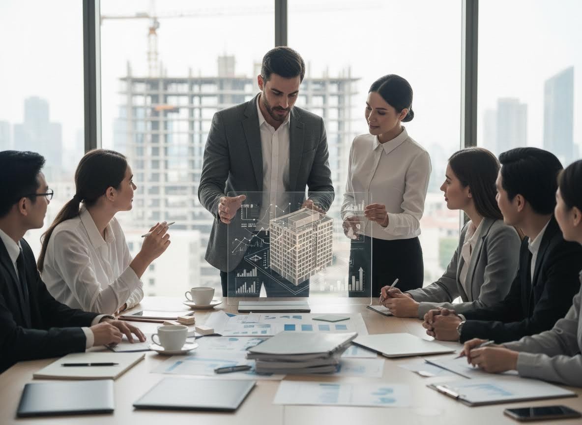 Business Professionals Analyzing Holographic Building Project