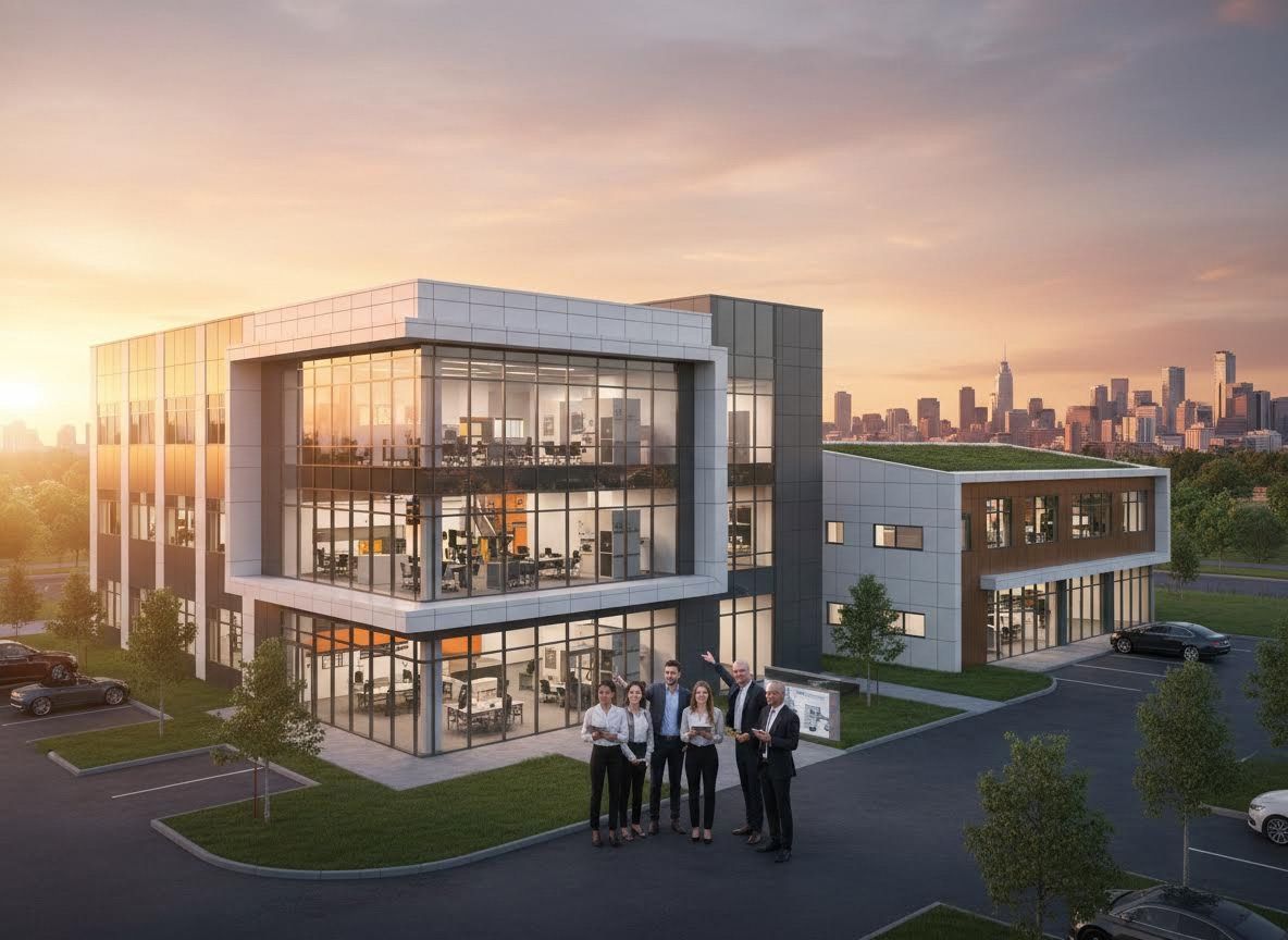 Modern Office Building and Business Team at Golden Hour