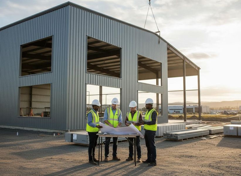 Construction team reviewing blueprints at building site