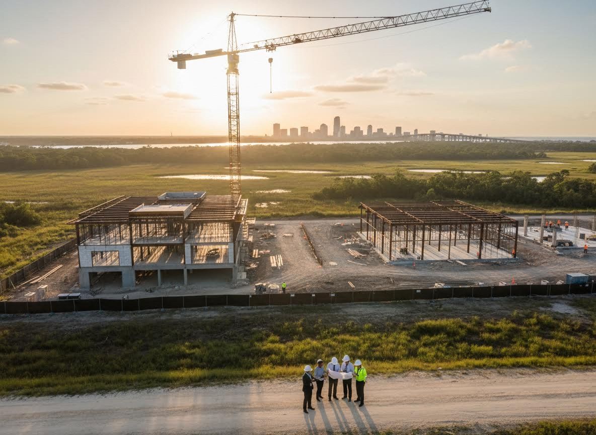 Construction Site Progress at Sunset with Team and City Skyline