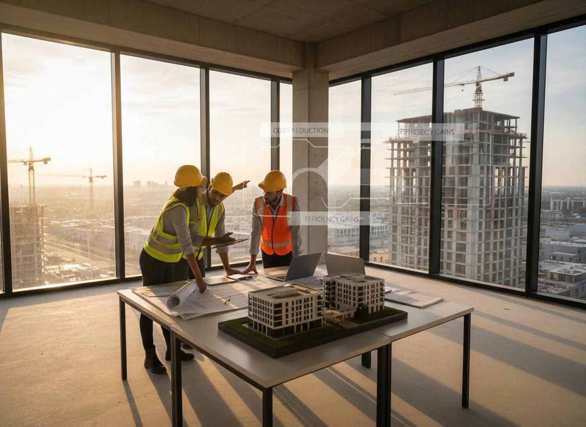 Construction Team Reviewing Building Plans and Models in High-Rise Office