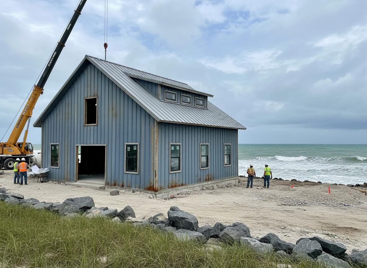 Coastal barn-style home construction with crane